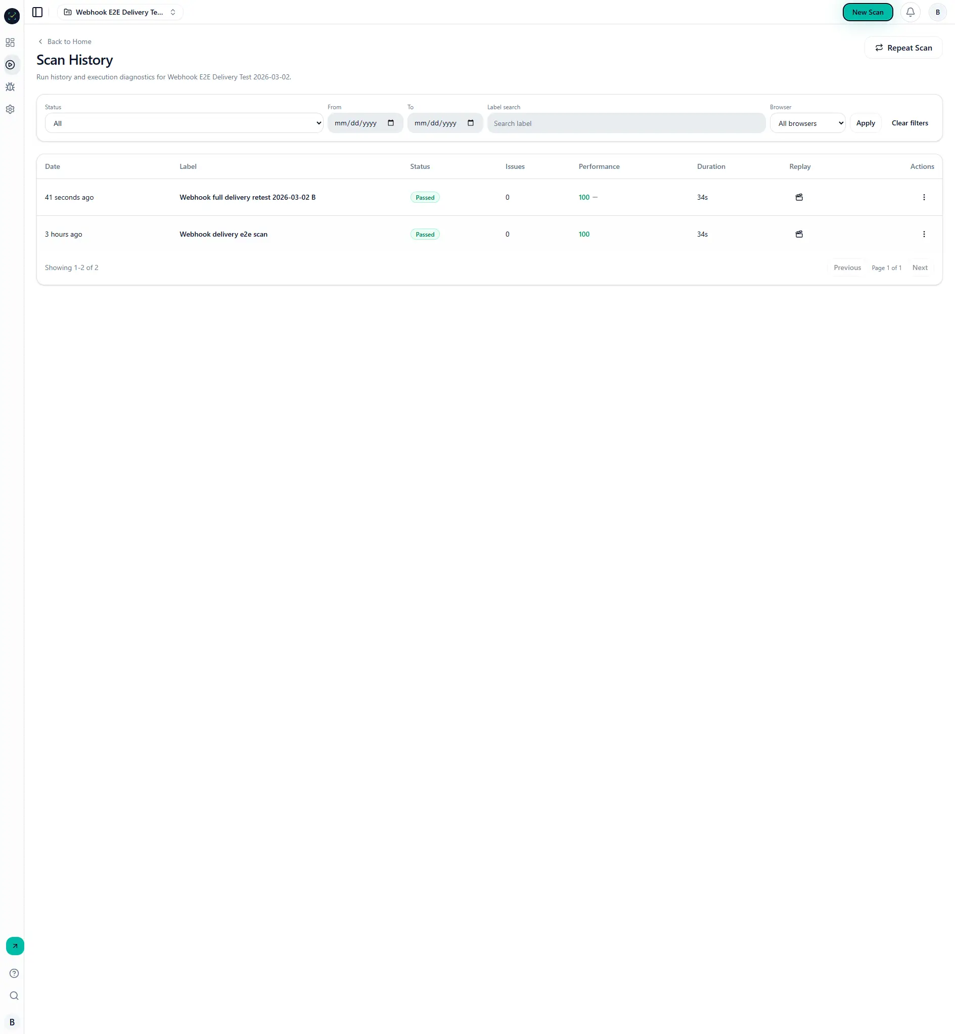 Scan history in dashboard